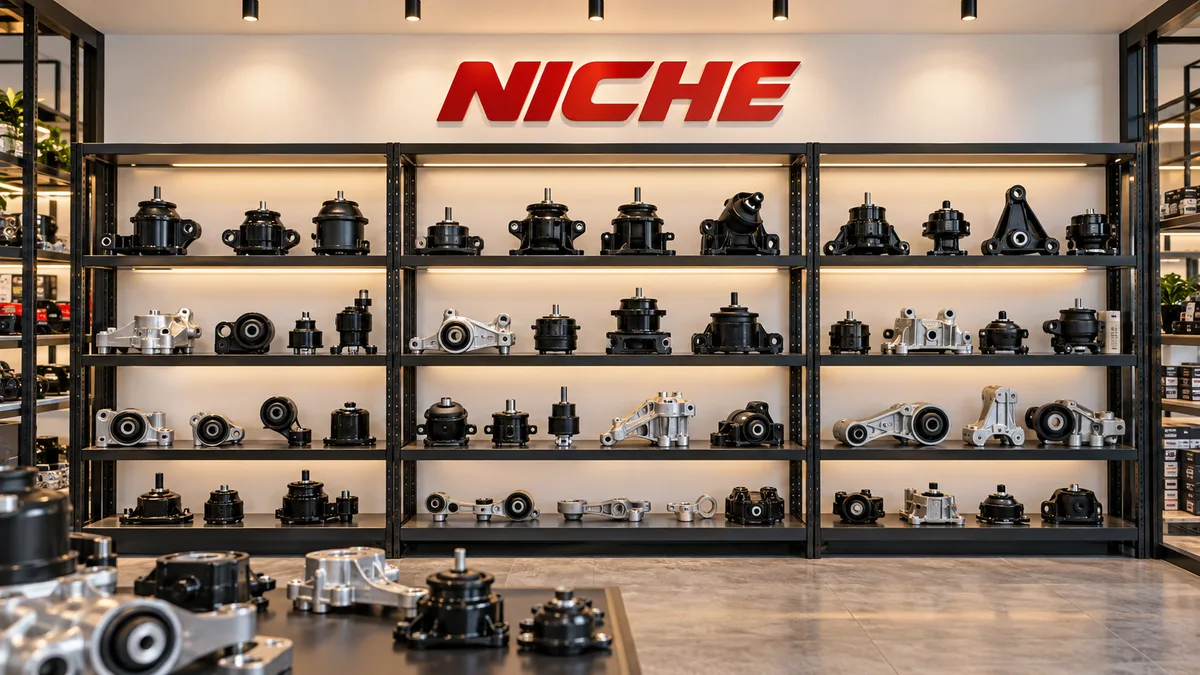 Automotive components organized on NICHE showroom shelves; AI-generated illustration