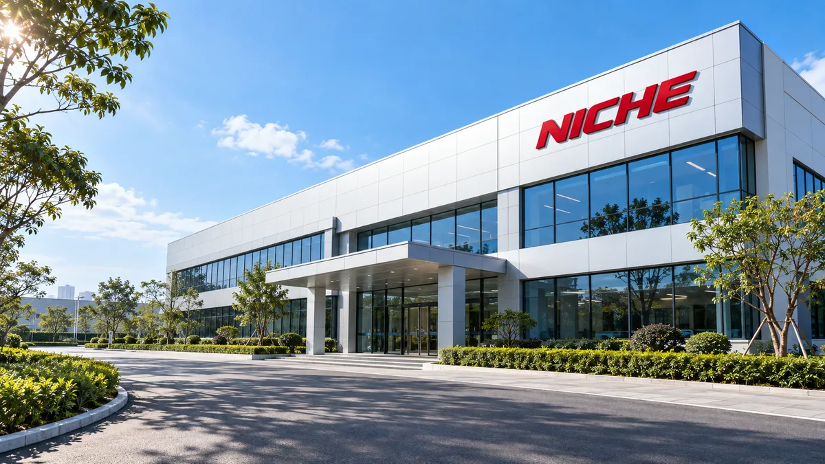 NICHE headquarters exterior and landscaped driveway; AI-generated illustration